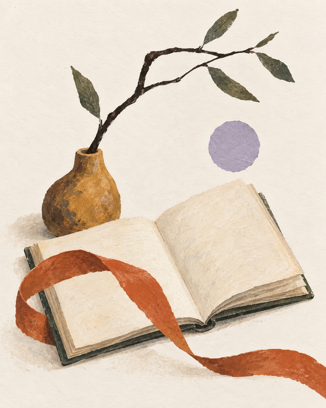 An original gouache illustration of an open book, a leafy stem in an ochre vase, and a curling rust ribbon.