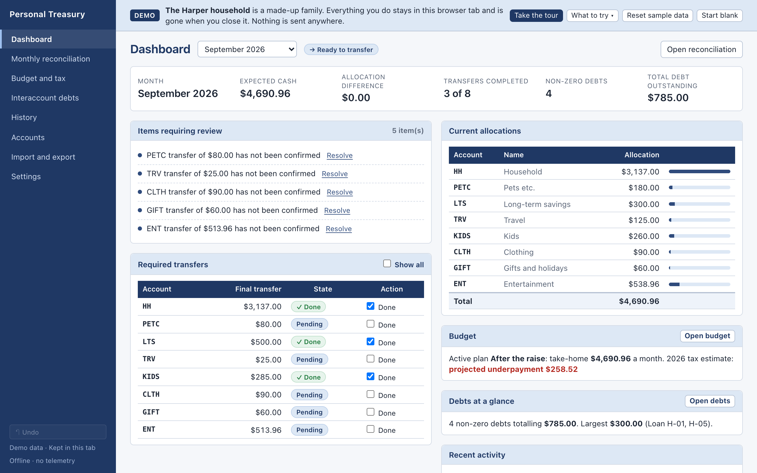 Personal Treasury dashboard with paycheck allocations, planned transfers, and reconciliation information using fictional demo data.